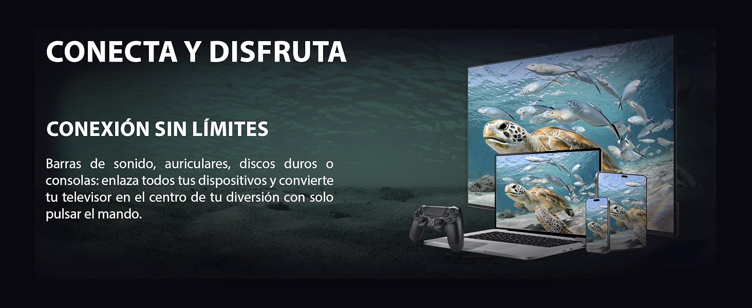El texto dice: «CONECTA Y DISFRUTA» y «CONEXIÓN SIN LÍMITES». Cartel promocional oscuro que muestra un dispositivo tecnológico con imágenes de paisajes.