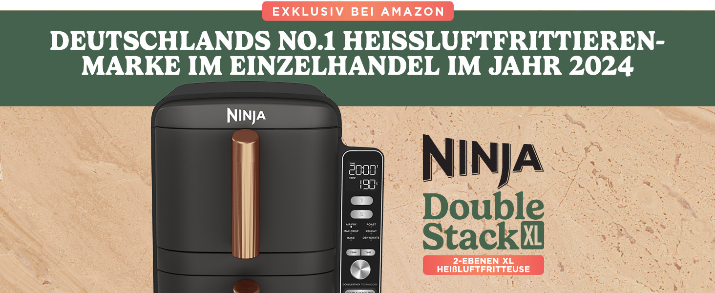 Der Text lautet „DEUTSCHLANDS NO.1 HEISSLUFTFRITIEREN-MARKE IM EINZELHANDEL IM JAHR 2024" zusammen mit „NINJA“ und „Double StackIt“. Zeigt Informationen zum Produktmarketing an.
