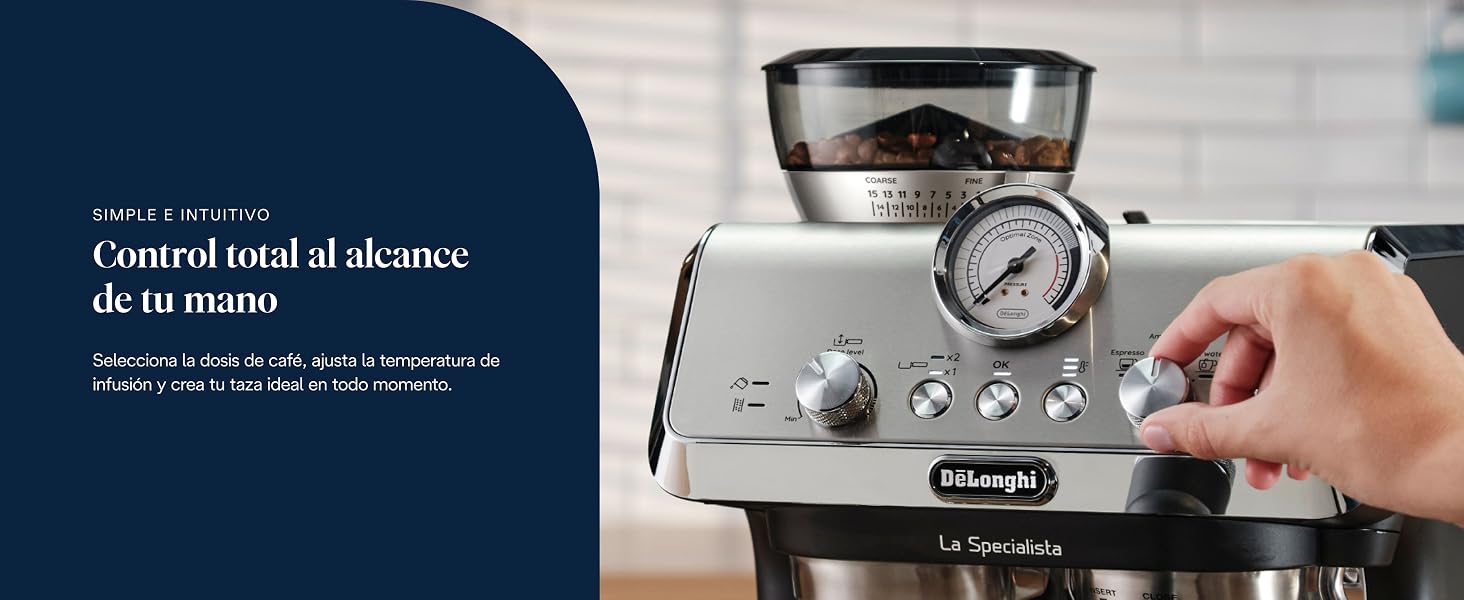 Varios paneles que muestran el proceso de preparación del café con una máquina de café espresso, que incluyen primeros planos de los posos de café y el funcionamiento de la máquina.