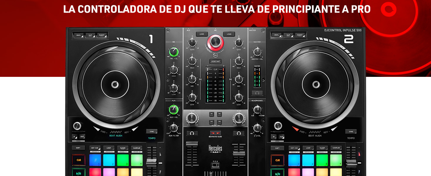 El texto dice «LA CONTROLADORA DE DJ QUE TE LLEVA DE PRINCIPIANTE A PRO». Unidad controladora profesional para DJ con múltiples controles de mezcla, paneles LED y ruedas giratorias dobles.