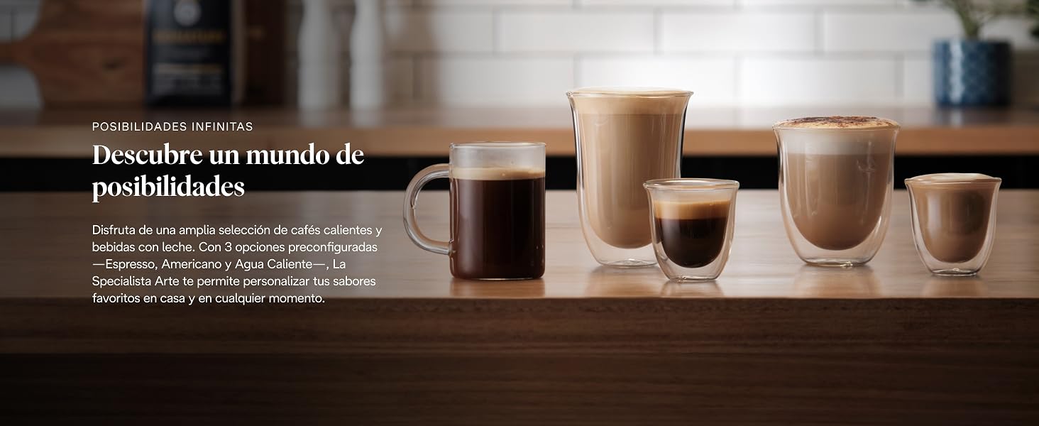 El texto dice «Descubre un mundo de posibilidades». Serie fotográfica artística que muestra varias tazas de café con bebidas de espresso sobre un fondo oscuro.