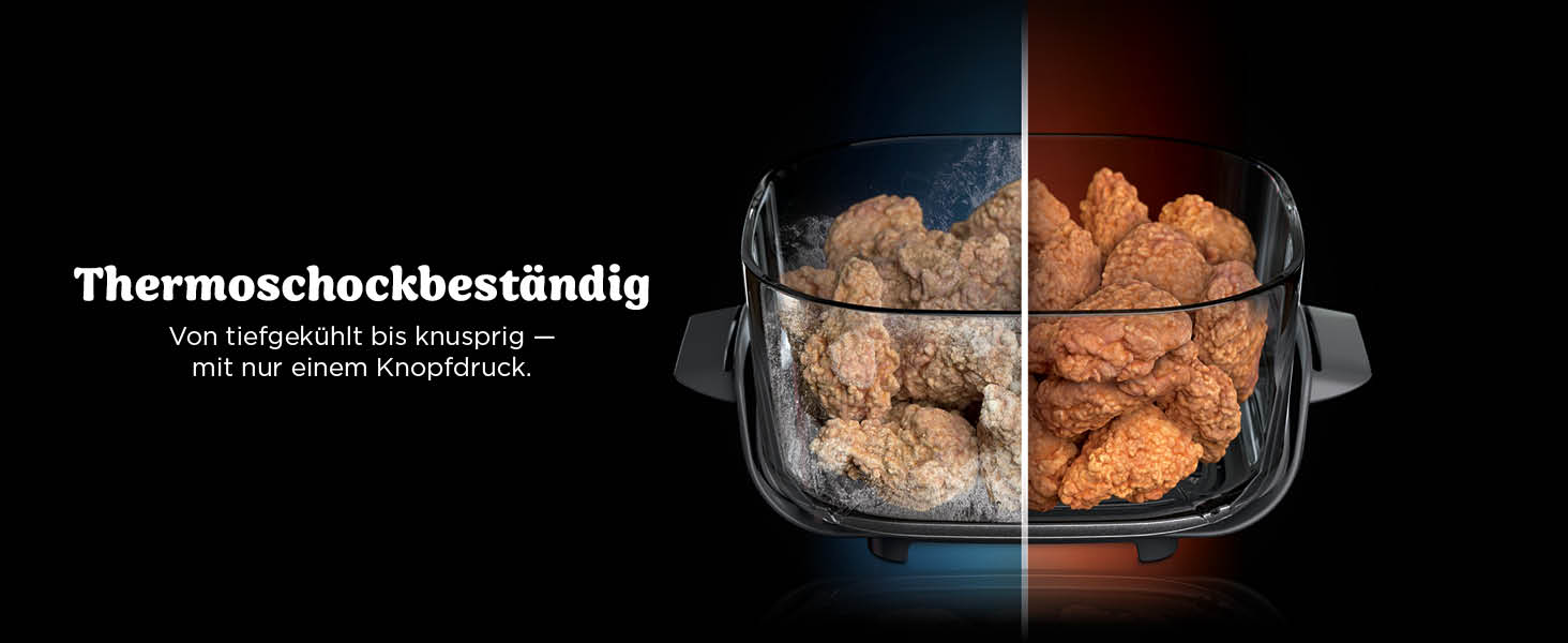 Der Text lautet „Thermoschockbeständig“. Behälter aus Glas oder Kunststoff, auf dem Lebensmittel bei dunklen Lichtverhältnissen abgebildet sind.