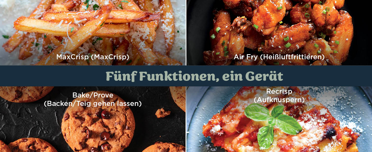 Der Text lautet „Fünf Funktionen, ein Gerät“ (auf Deutsch: „Fünf Funktionen, ein Gerät“). Bilder mehrerer Speisen, die gegrillte oder gebratene Gerichte mit Beilagen zeigen, die in einem Collagenformat angeordnet sind.