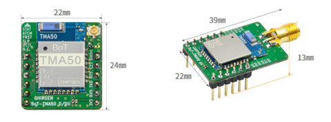 CHIPSEN BoT-TMA50DS Bluetooth v5.3 BLE Class1 (+20dBm) DIP Slave/Master/Multicon 1:8 Module w/ SMA Antenna Dimensions