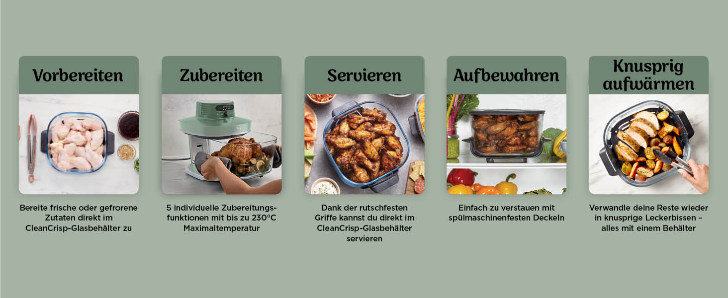 Reihe von Bildern zur Zubereitung von Speisen oder Rezepten, auf denen verschiedene Gerichte und Zutaten nacheinander angeordnet sind und Kochschritte oder Menüoptionen vorgeschlagen werden.
