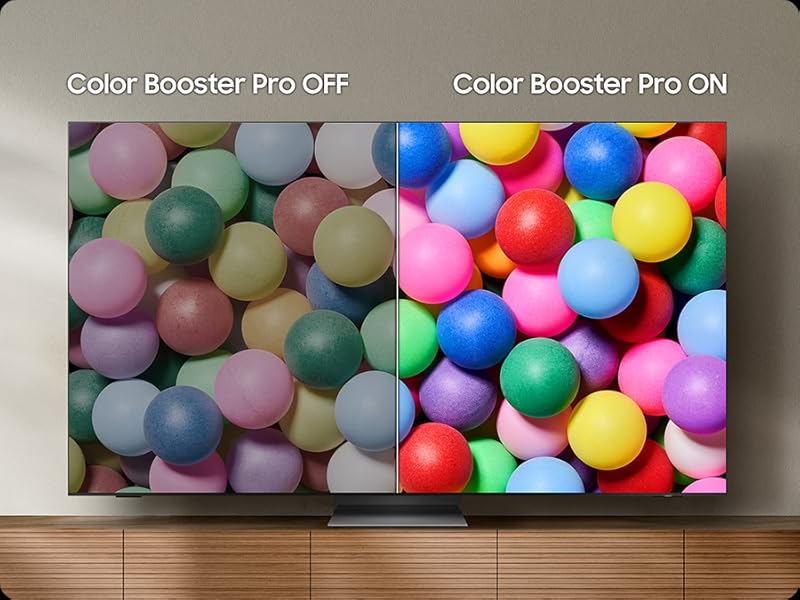 El texto dice «Color Booster Pro OFF» y «Color Booster Pro ON». Serie de fotografías que muestran objetos esféricos coloridos con diferentes niveles de saturación de color comparándolas antes y después.