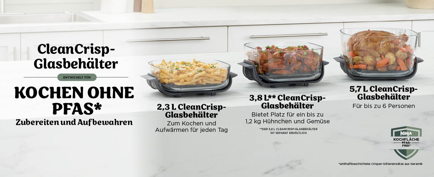 Der Text lautet „CHEMCRISA-GLASBEHÄLTER KOCHEN OHNE PFAND“. Das Produktfoto zeigt Backformen aus Glas mit darin befindlichen Lebensmitteln, die mit deutschen Textetiketten versehen sind.