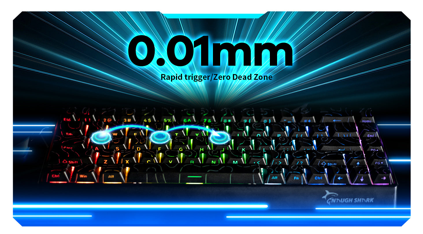 NS68 Hall effect gaming Keyboard specifications: 0.01mm precision with rapid trigger and zero dead zone. Compatibility includes Control key, Windows key, and all keys.
