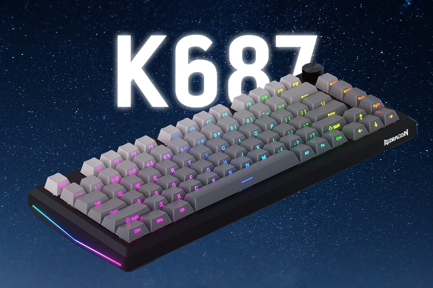 Gaming keyboard with RGB lighting on a starry night background, featuring the model number K687.