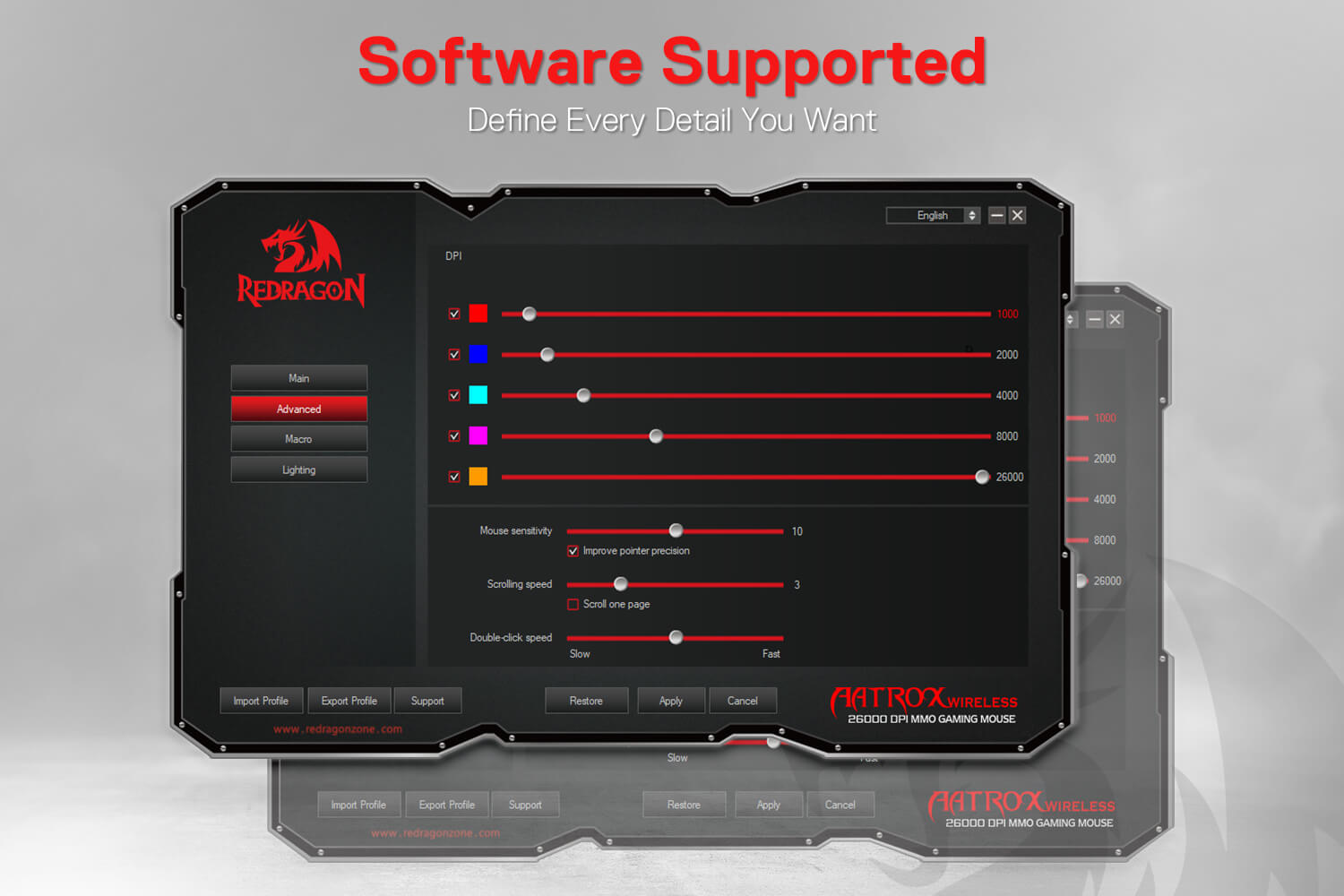 Software interface for customizing AATROX M811 PRO mouse settings, such as DPI levels and lighting.