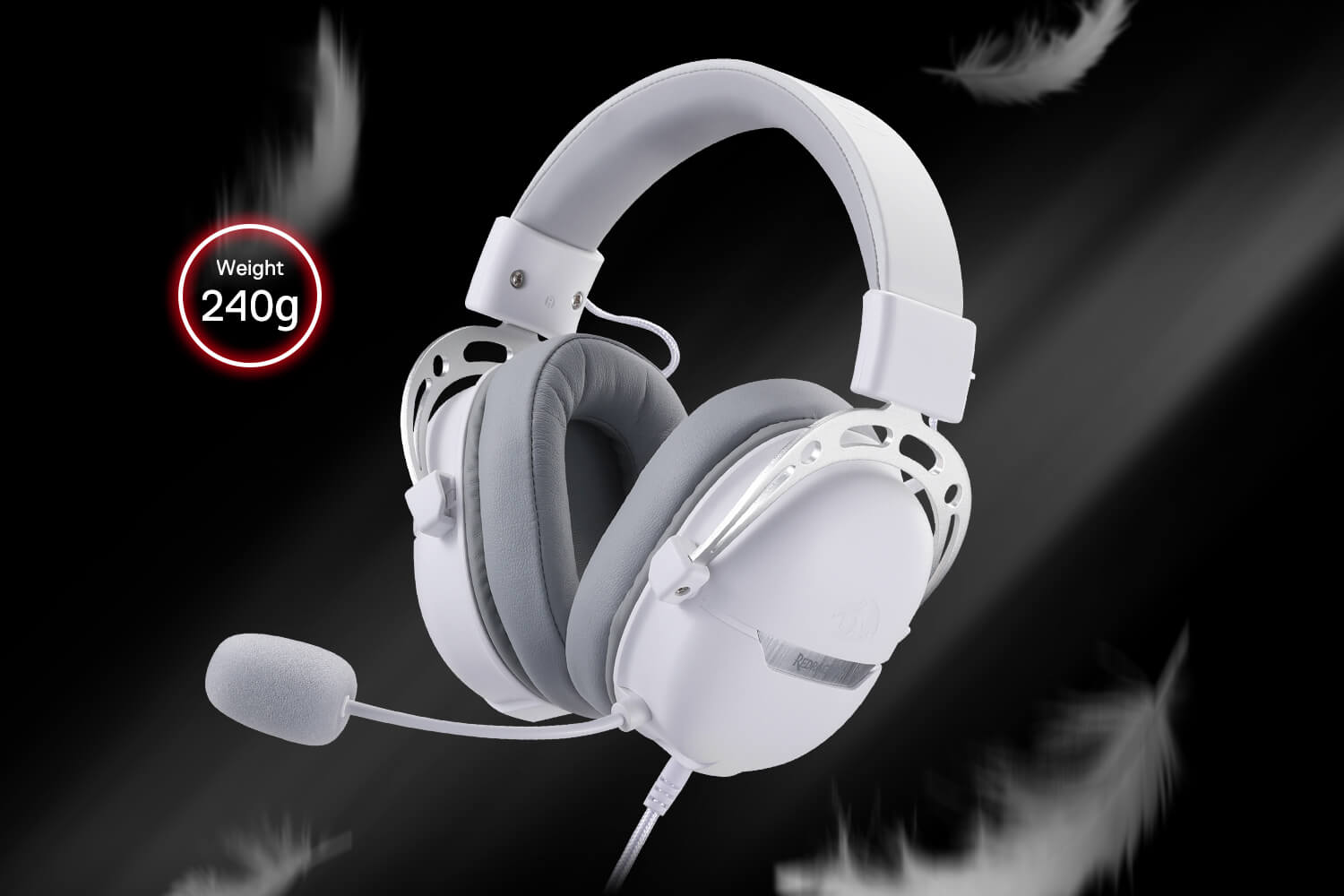 Lightweight Redragon AURORA H376 gaming headset in white, weighing only 240g for long-lasting comfort