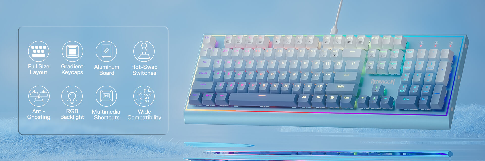 Redragon K654 blue RGB Gaming Keyboard, 104 Keys Wired Mechanical Keyboard w/Weighted Aluminum Frame