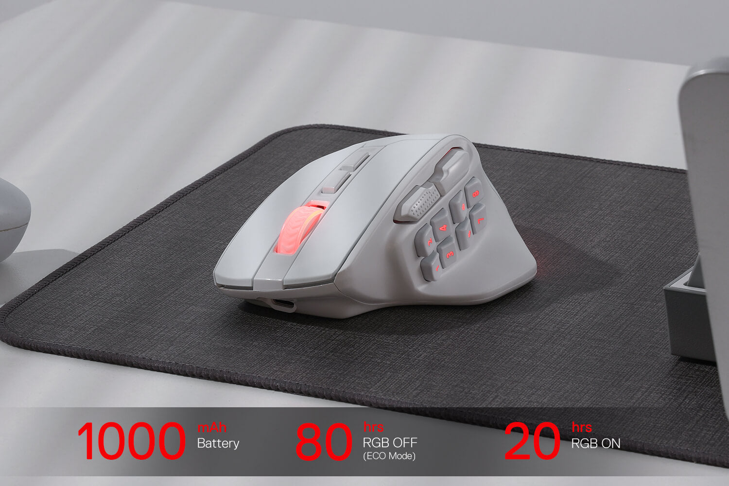 White AATROX M811 PRO mouse on a grey mouse pad with stats showcasing its 1000mAh battery, 80-hour RGB off mode, and 20-hour RGB on mode.