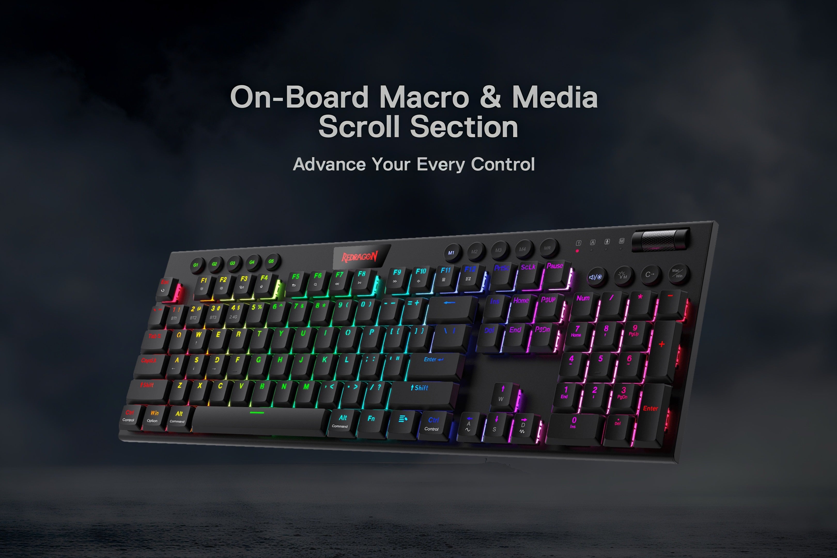 Redragon K618 keyboard featuring on-board macro and media scroll controls, optimized for advanced user customization