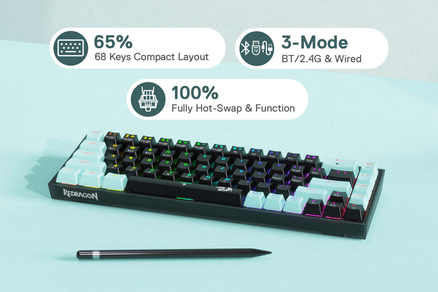 68 Keys Hot-Swappable Compact Mechanical Keyboard w/Hot-Swap Free-Mod PCB Socket & Translucent Board