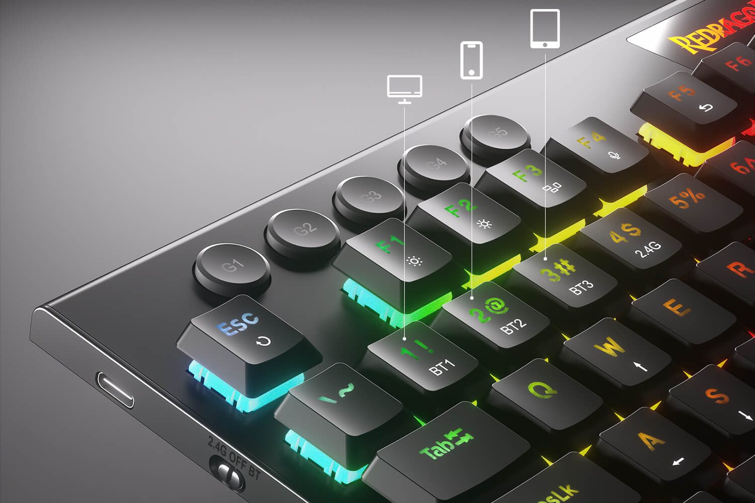Redragon K618 keyboard with multi-device connectivity options, including 2.4GHz wireless, Bluetooth, and USB-C connection