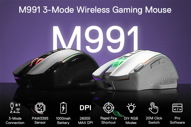 Redragon M991 Wireless Gaming Mouse, 26000 DPI 3-Mode Gamer Mice w/Rapid Fire Key, 9 Macro Buttons, Powerful Capacity and RGB Backlight for PC/Mac/Laptop, Black and White