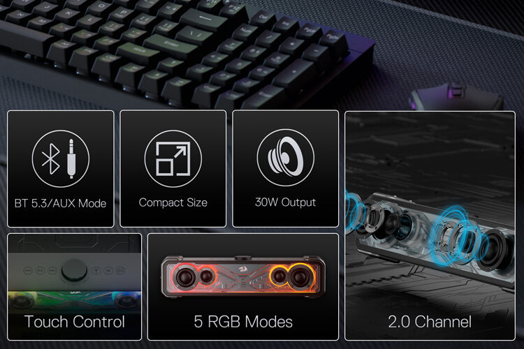 Redragon GS817 RGB Desktop Soundbar, 2.0 Channel Stereo Speakers for Desktop w/Massive 30W Max Power, Touch-Control, Bluetooth 5.3 & 3.5mm AUX Inputs, Black