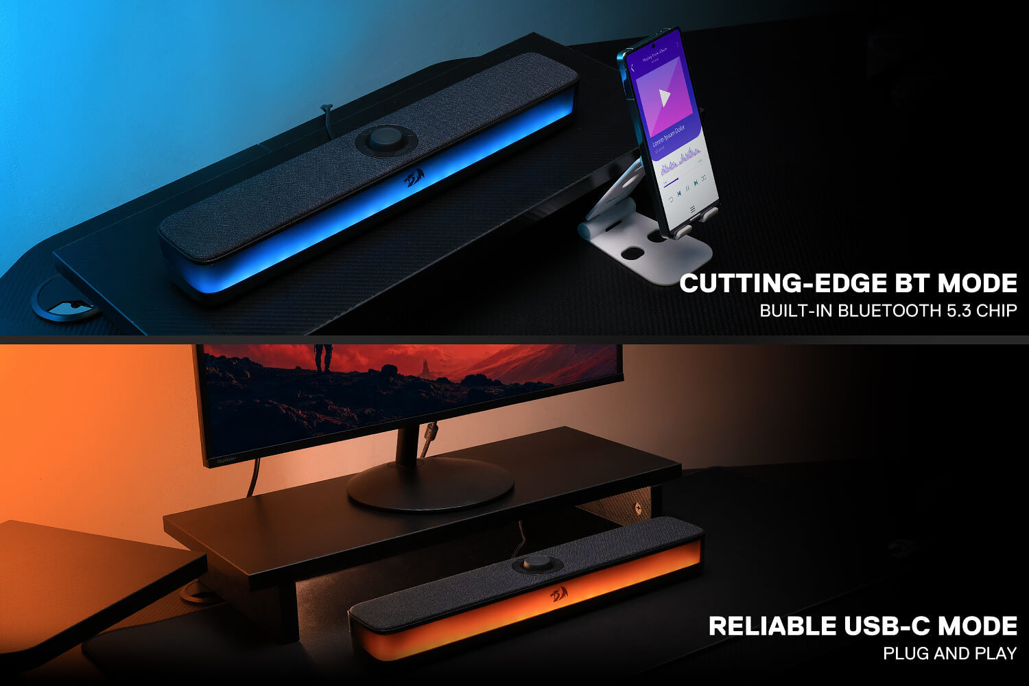 Redragon GS515 RGB Desktop Soundbar, 2.0 Channel Stereo Computer Speakers for Desktop with Bluetooth 5.3, USB-C/USB Powered, Black