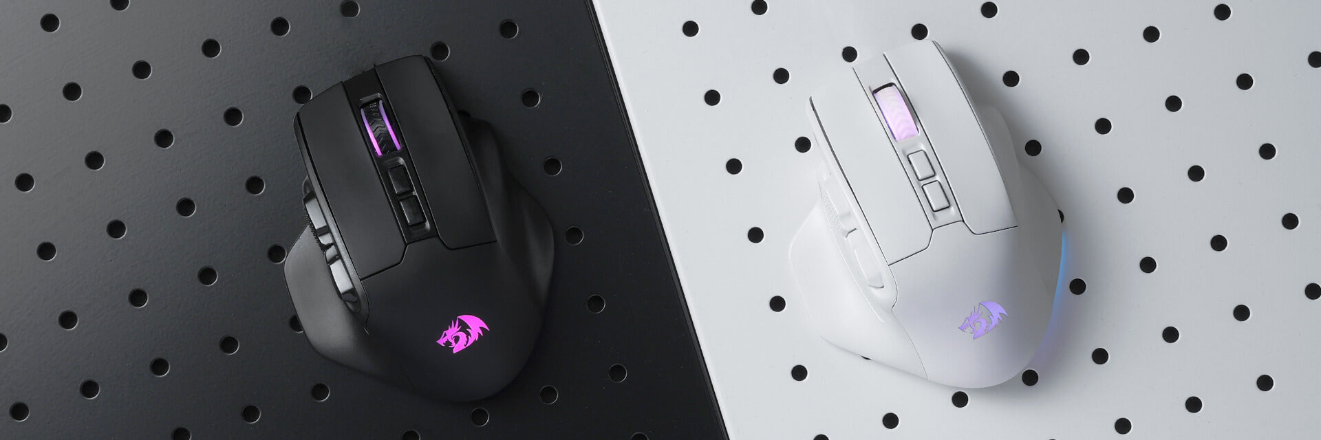 Two AATROX M811 PRO gaming mice, one black and one white, displayed on a perforated black-and-white background with RGB lighting.
