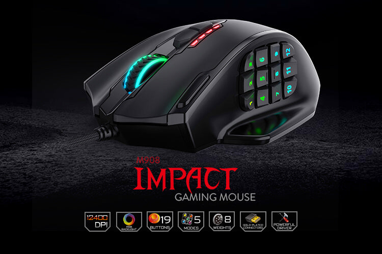 Redragon M908 Impact Gaming Mouse showcasing 12400 DPI, 19 programmable buttons, and RGB backlight