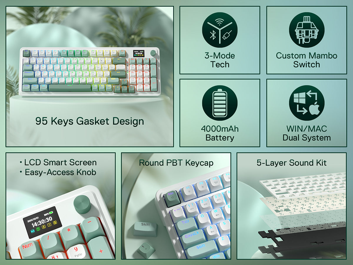 Redragon K719 Wireless Gasket Gaming Keyboard w/Hype Screen & Knob, 95 Keys Mechanical Keyboard, Easy-Control 1.14’’ TFT Info Display, 5-Layer Noise Dampening, Custom Linear Switch, Jade Cloud Color