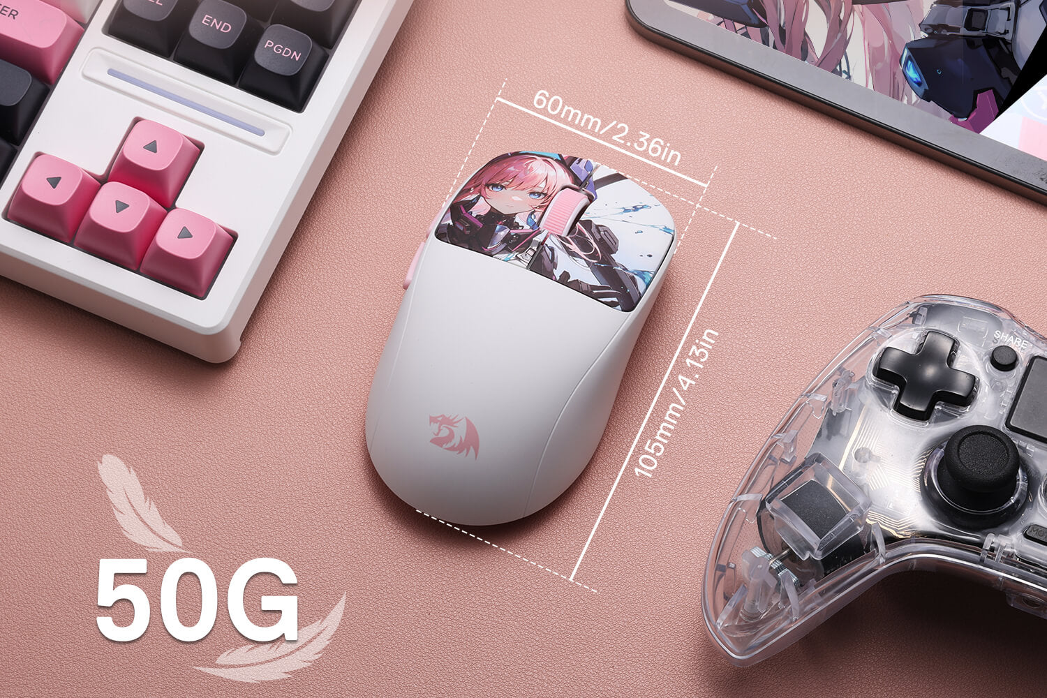 White gaming mouse with measurements on a pink surface, surrounded by gaming accessories.