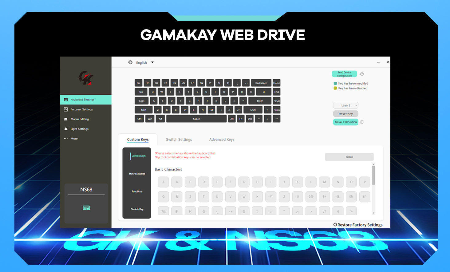 Web driver is available for the NS68 Hall effect gaming keyboard to customize the Gaming setting and rgb light effect