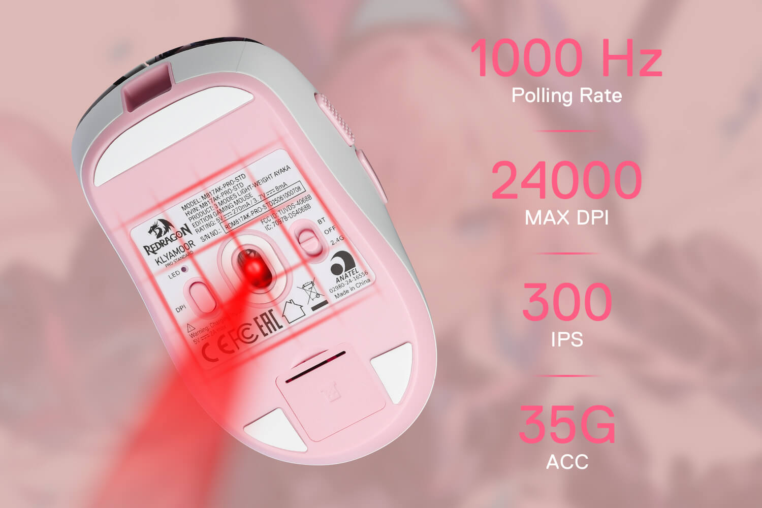 Pink computer mouse with technical specifications on a blurred background