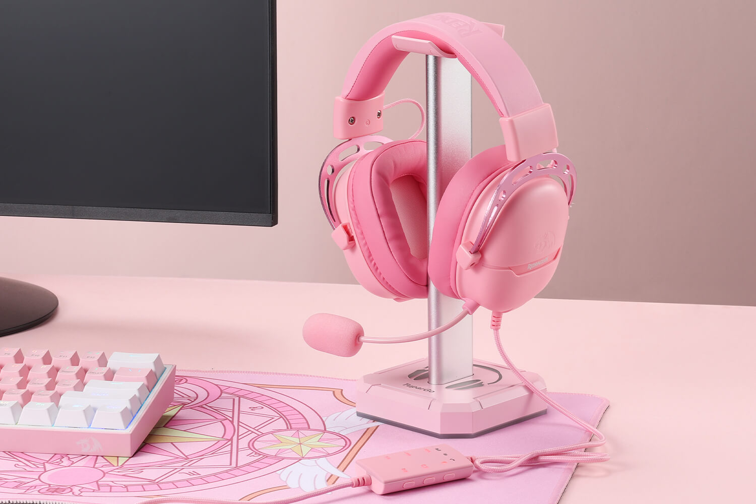 Pink Redragon AURORA H376 gaming headset on display, perfect for a stylish gaming setup