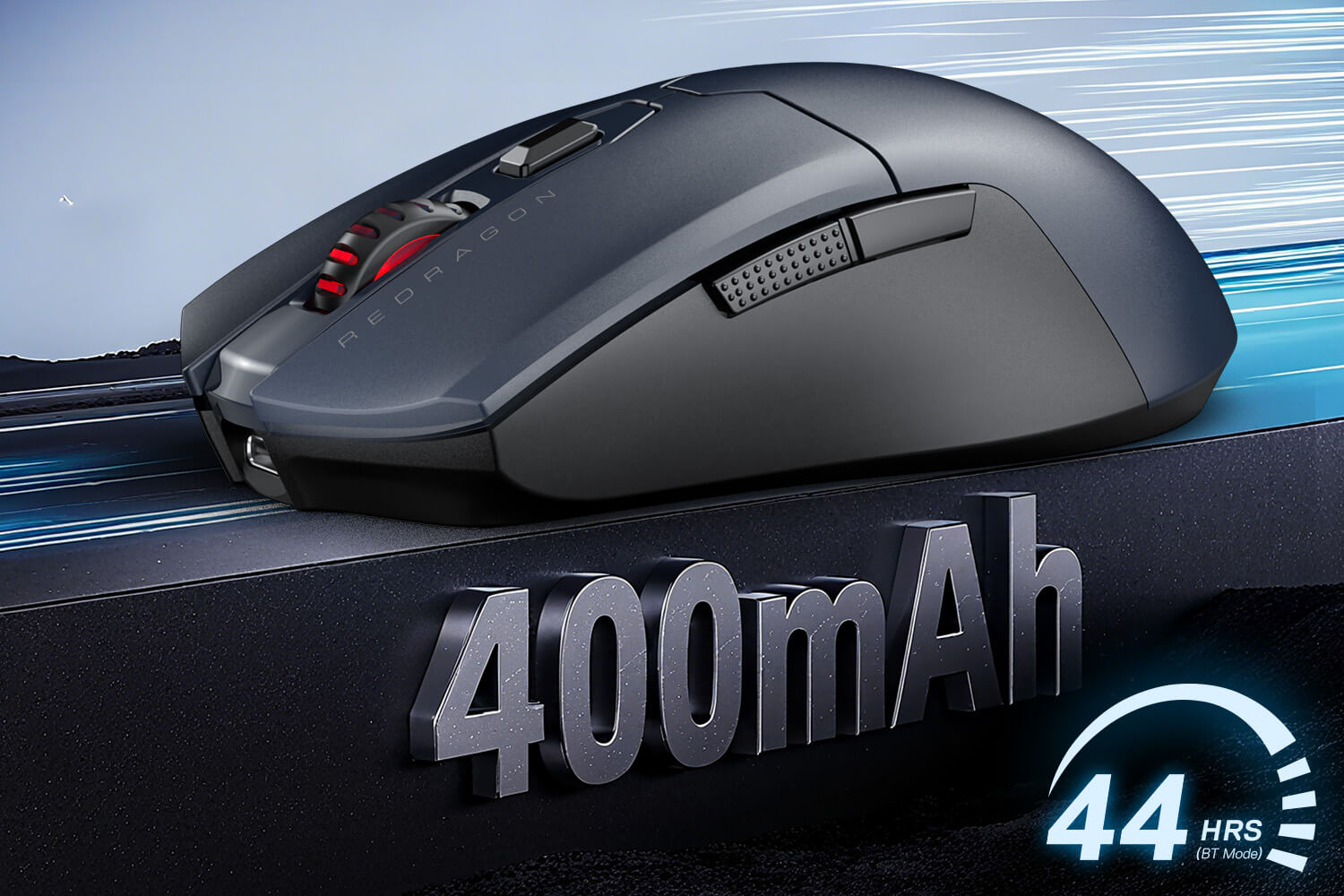 Redragon Gaming mouse with 400mAh battery indicator and 44-hour usage time on a blue and black background