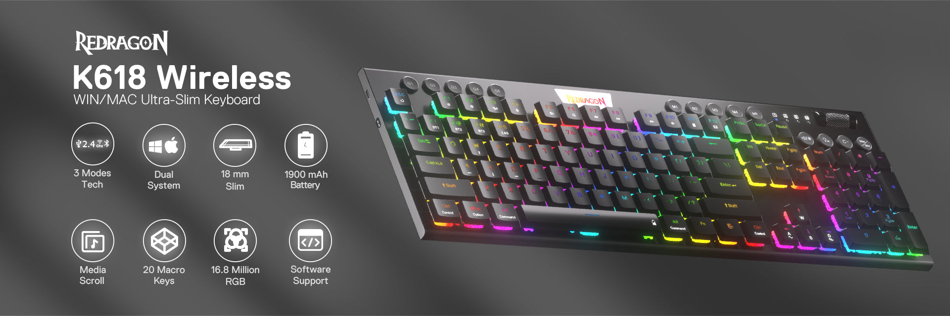 Redragon K618 wireless mechanical keyboard with dual-system support, ultra-slim design, 1900mAh battery, and RGB backlighting.