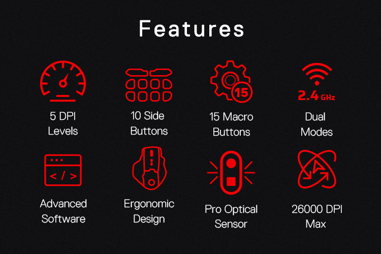 Black AATROX M811 PRO mouse with icon features like 15 macro buttons, dual modes (USB & Bluetooth), 5 DPI levels, and ergonomic design