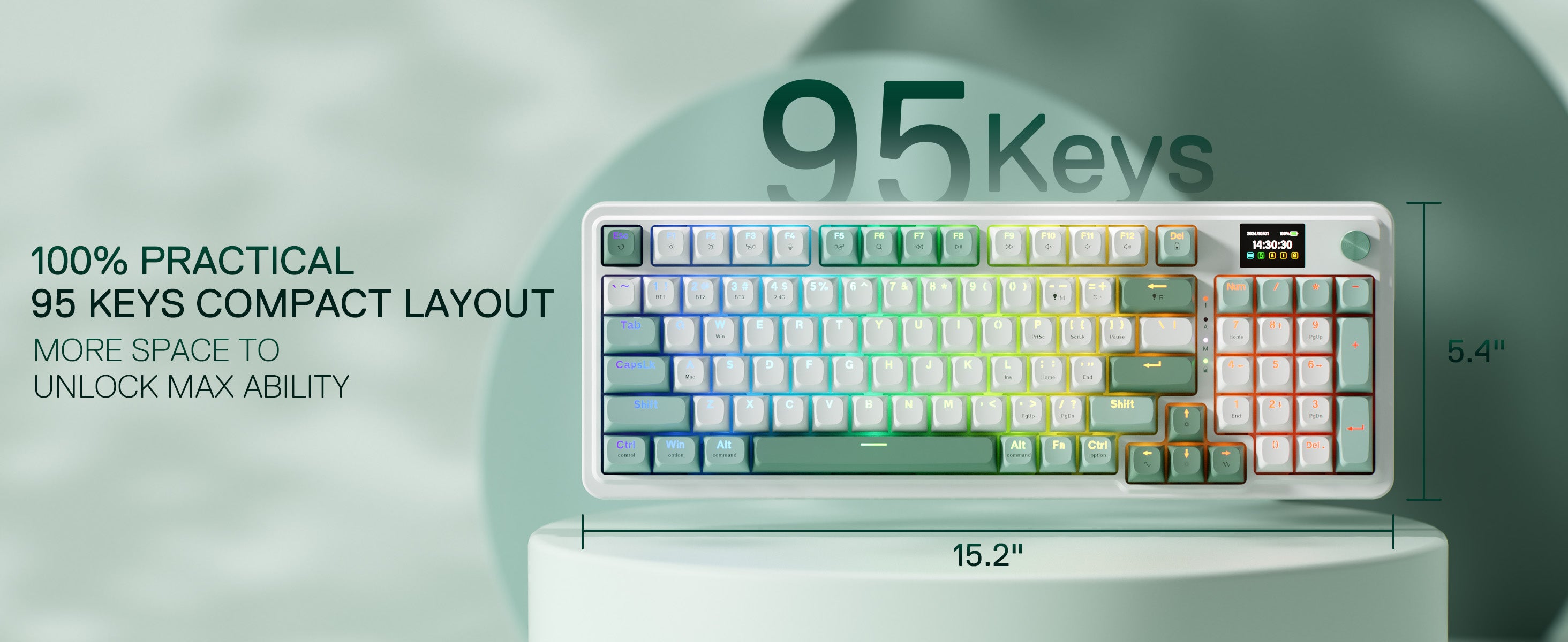 Redragon K719 Wireless Gasket Gaming Keyboard w/Hype Screen & Knob, 95 Keys Mechanical Keyboard, Easy-Control 1.14’’ TFT Info Display, 5-Layer Noise Dampening, Custom Linear Switch, Jade Cloud Color