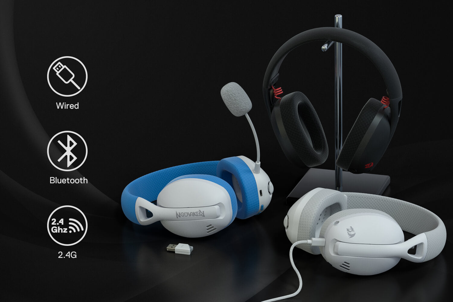 Redragon H848 Pro headphones with multiple connection modes, including wired, Bluetooth, and 2.4G wireless, offering high compatibility across platforms