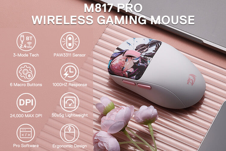 Redragon Wireless gaming mouse with features listed on a pink surface with flowers