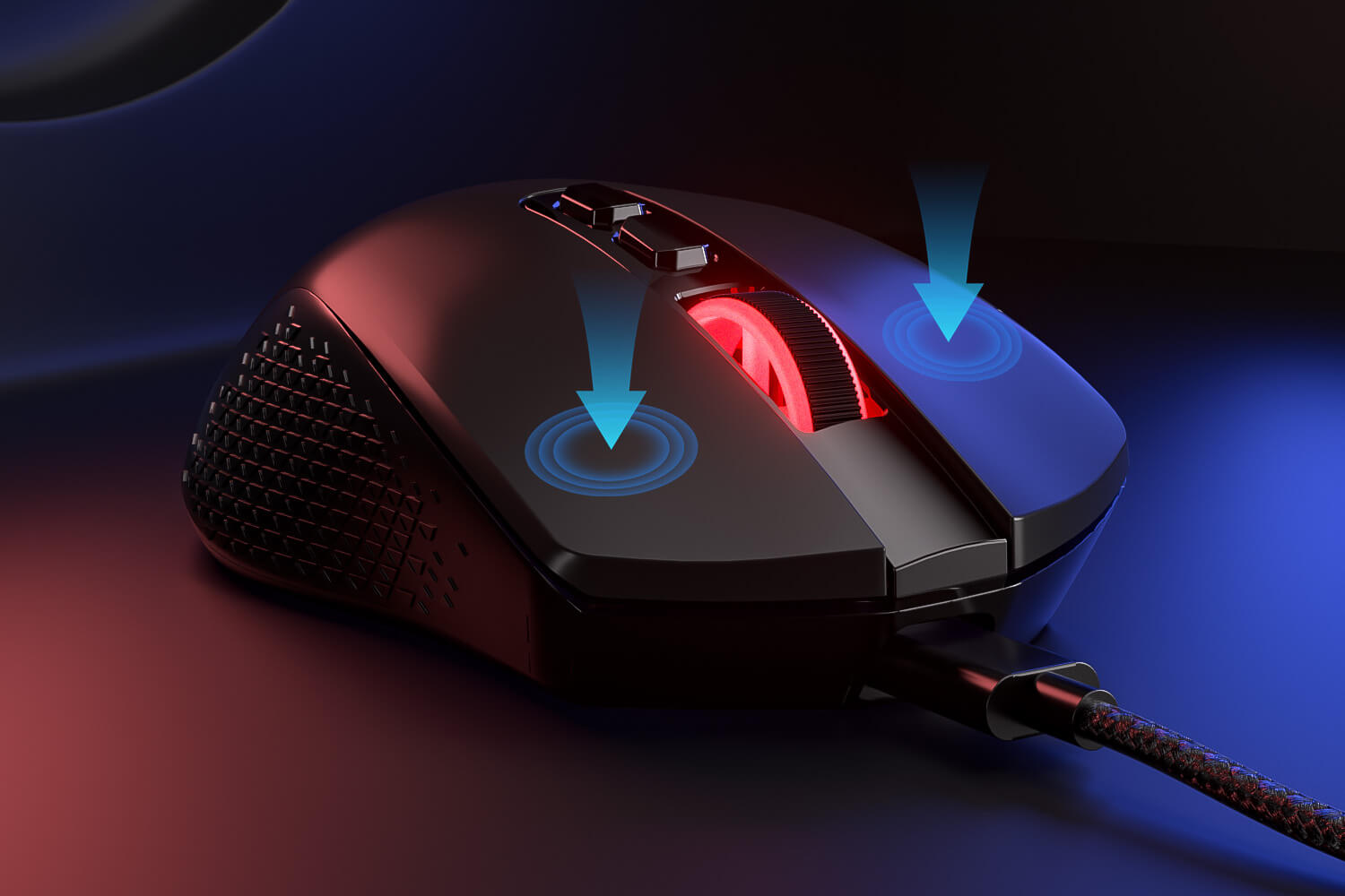 Gaming mouse with illuminated components on a dark background
