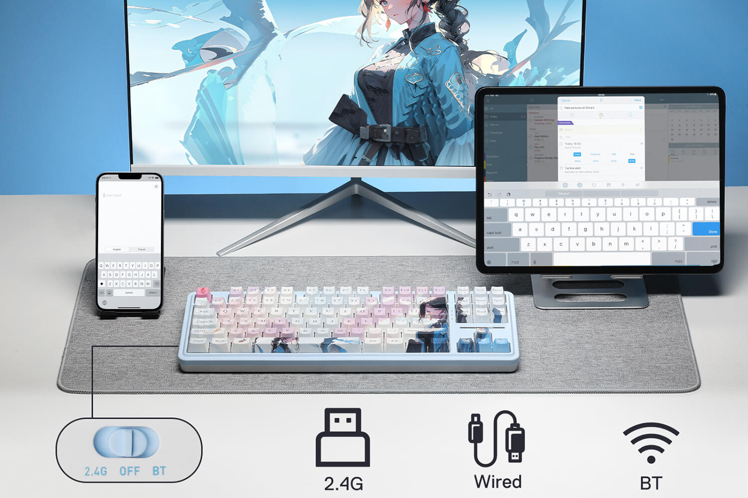 Cute anime-style gaming setup featuring a mechanical keyboard with custom illustrated keycaps, RGB lighting, and matching desk accessories