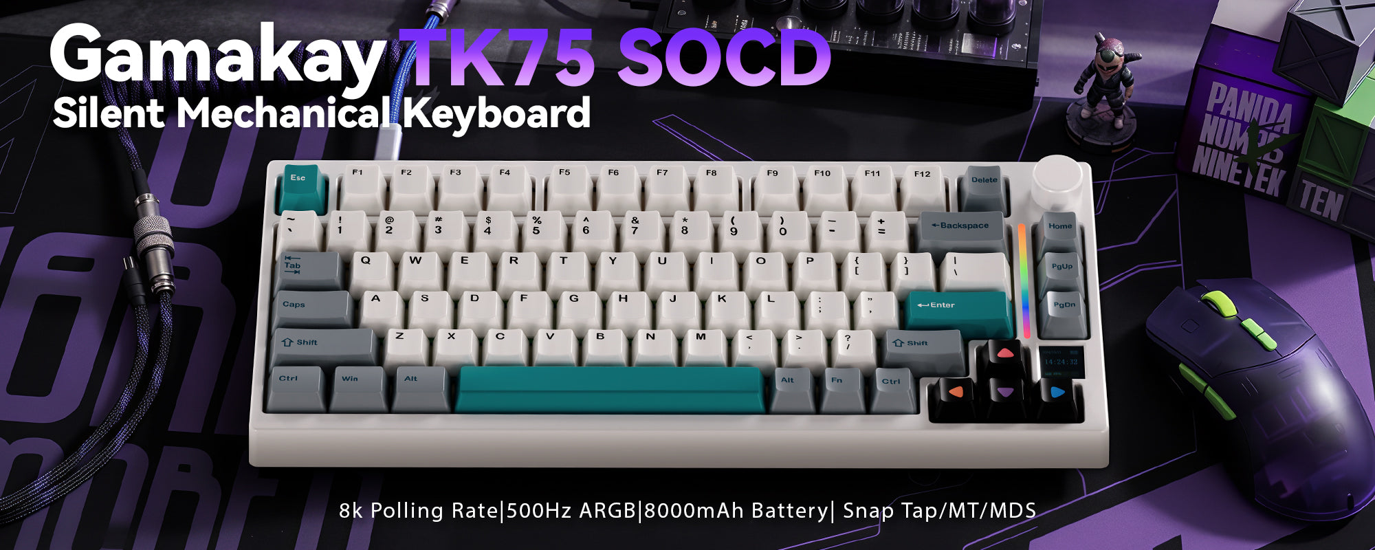 GamaKay TK75 SOCD silent mechanical gaming keyboard with 75% layout, 8K polling, 500Hz ARGB, 8000mAh battery and Snap Tap