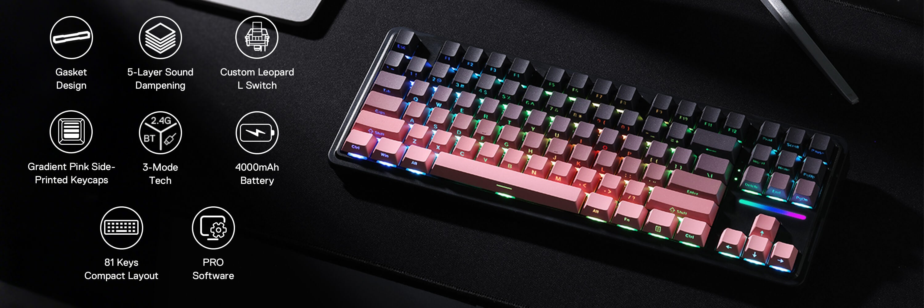 Redragon K728 PRO 80% Wireless Gasket Gaming Keyboard, 3-Mode 87 Keys TKL Mechanical Keyboard w/South-Facing LED & Hot-Swap Socket, 5-Layer Noise Dampening, Custom Linear Switch, PBT Gradient Keycaps