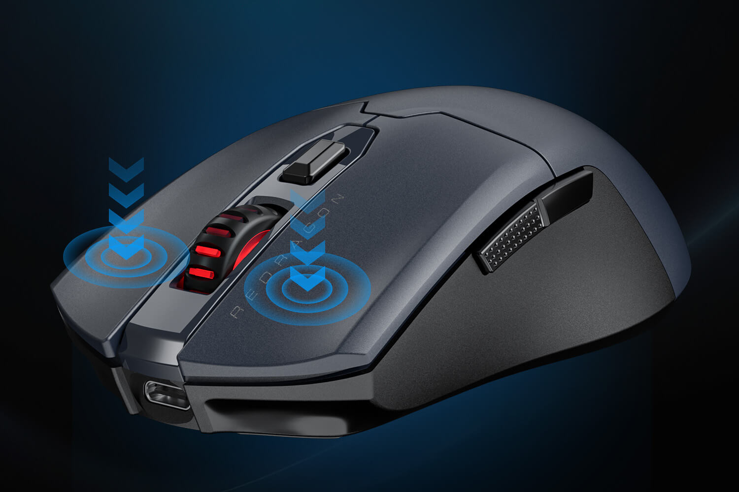 Gaming mouse with blue and red accents on a dark background