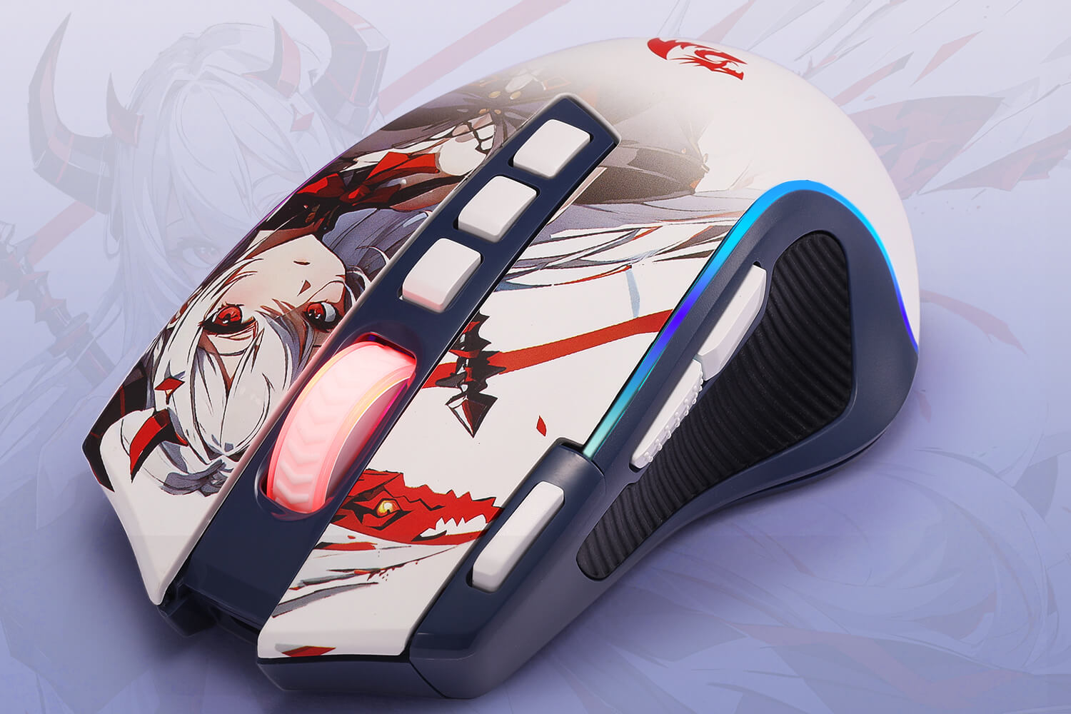 Gaming mouse with anime character design on a light gray background
