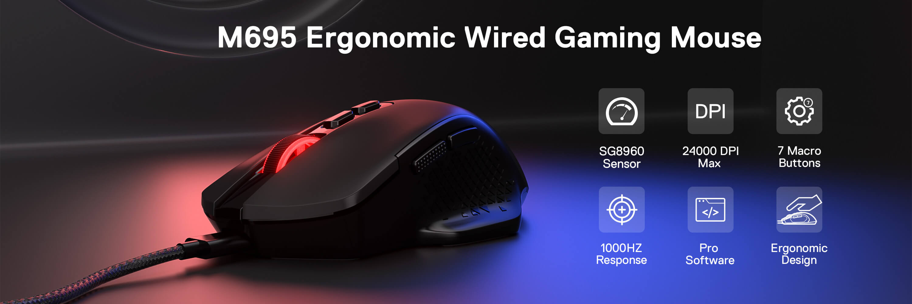 Redragon M695 Wired Gaming Mouse, 24,000 Max DPI Optical Gaming Mice with 7 Programmable Buttons, Ergonomic Natural Grip Build, Software Supports DIY Keybinds & DPI, Black