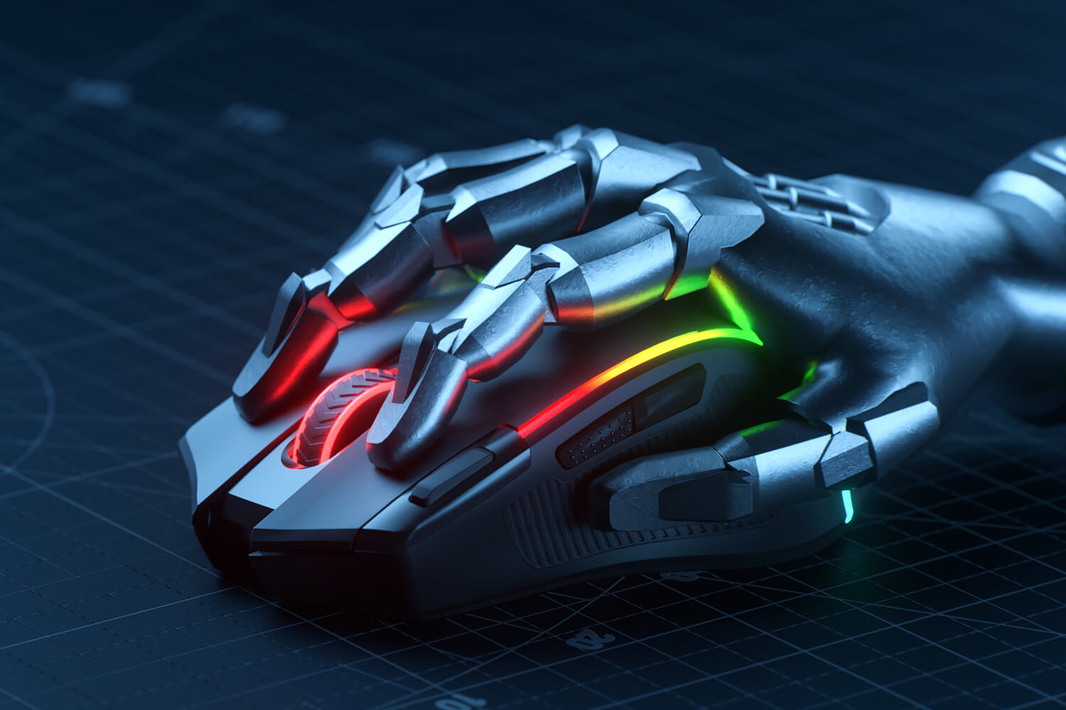 Futuristic robotic hand using the Redragon PREDATOR M612 PRO gaming mouse, emphasizing the mouse's ergonomic design and customizable RGB lighting