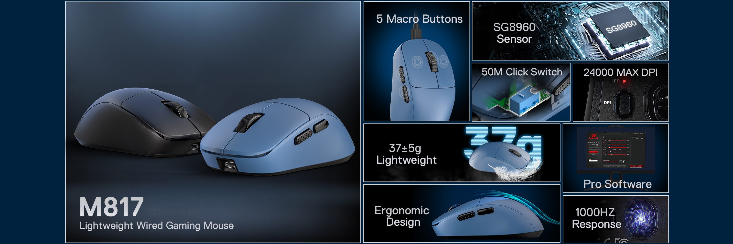 Gaming mouse with specifications on a dark background
