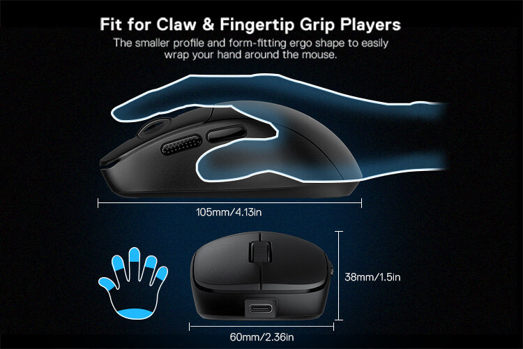 Ergonomic mouse design with hand and mouse illustration on a dark background