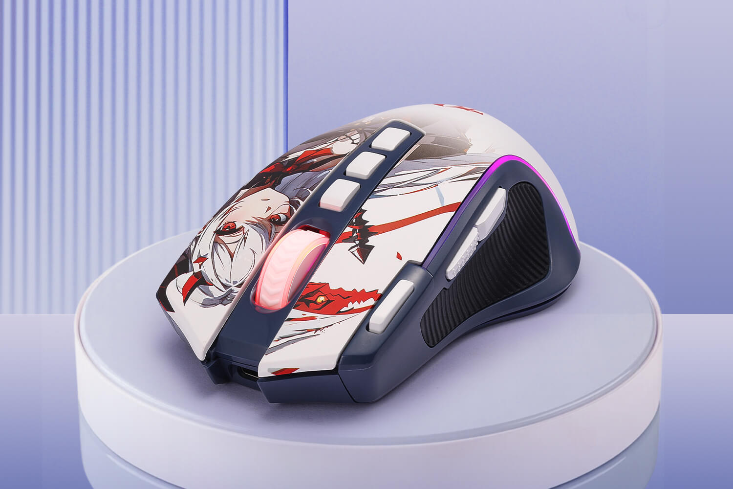 Redragon M612 PRO Gaming mouse with anime design on a light blue background