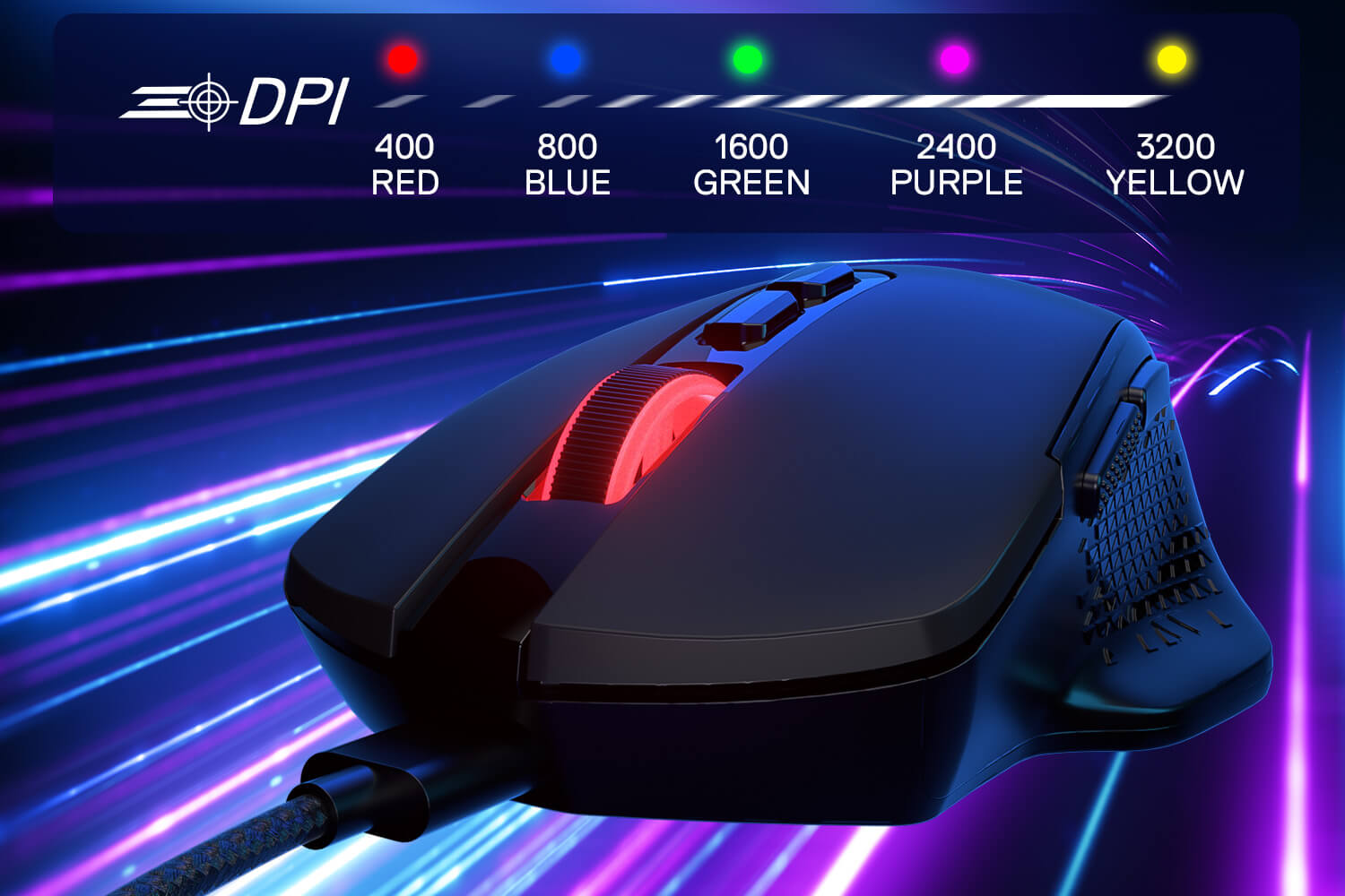 Redragon Gaming mouse with DPI settings on a colorful background