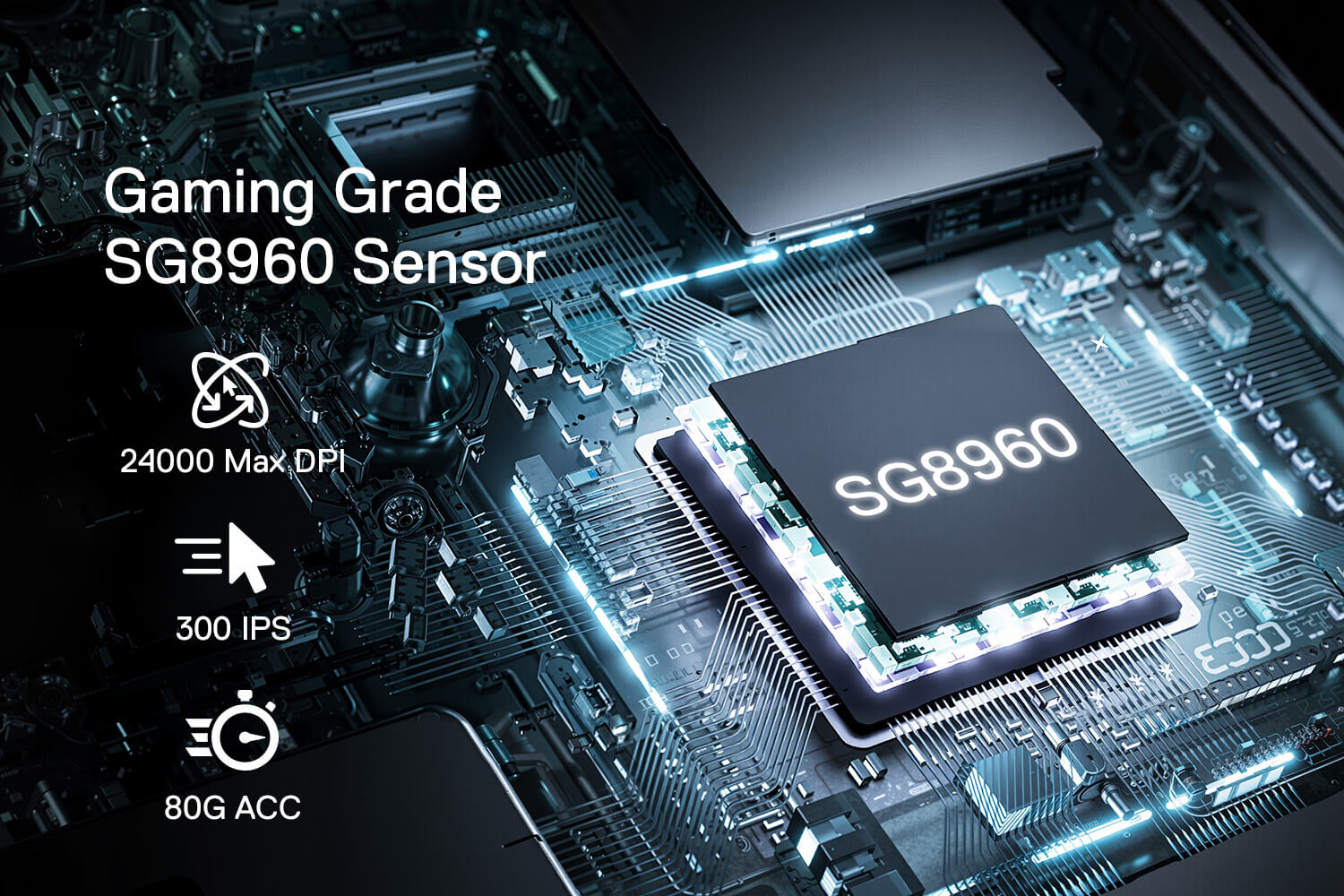 Gaming Grade SG8960 Sensor on a circuit board with specifications displayed.