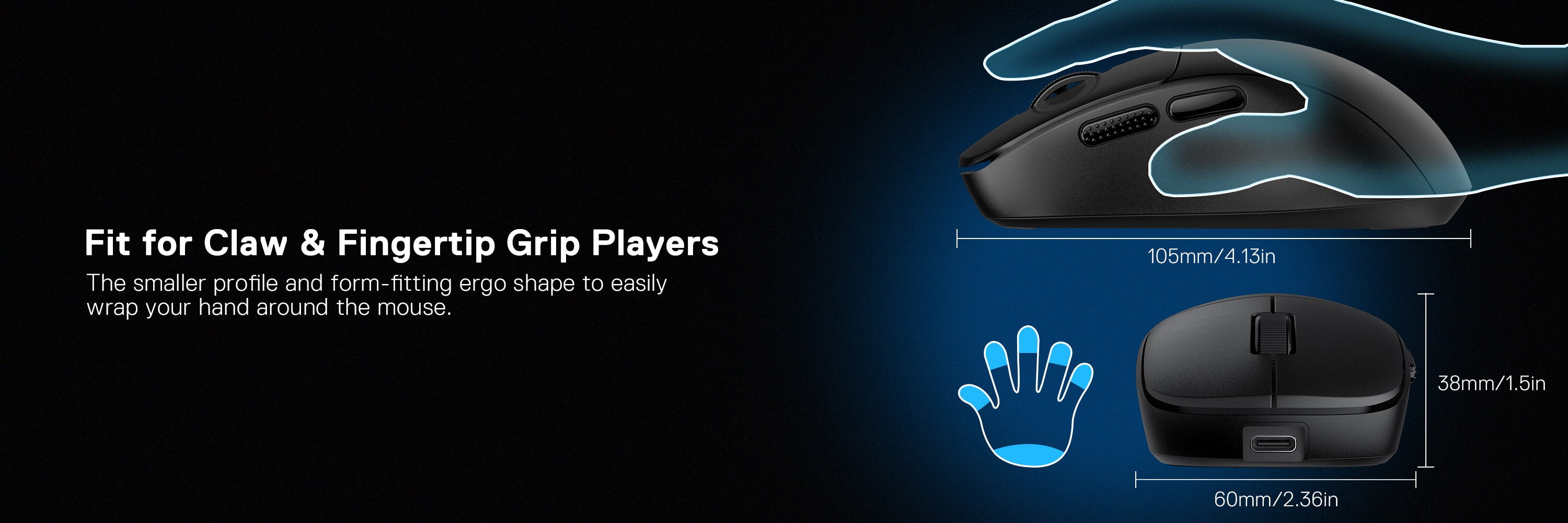 Redragon M817 Mouse with ergonomic design for claw and fingertip grip players, showing measurements and hand wrapping.